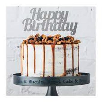 Picture of HAPPY BIRTHDAY CAKE TOPPER SILVER GLITTER 9 X 18CM